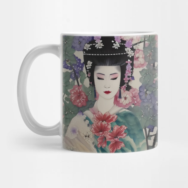 Japanese geisha with flowers, watercolor by Ravenglow